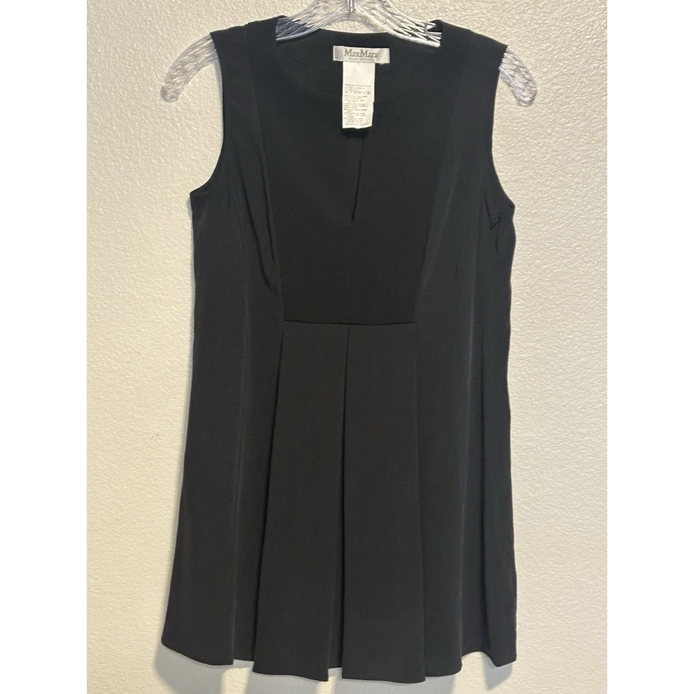 Max Mara Silk V-Split Neck Sleeveless Pleated A-Line Blouse Tunic BLACK sz. 4 US